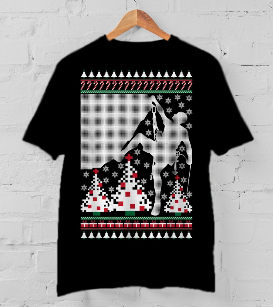 Rock Climbing Ugly Christmas Holiday Tree Pixel T-Shirt