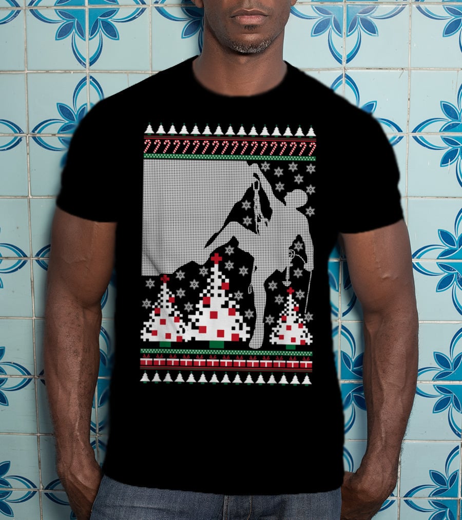 Rock Climbing Ugly Christmas Holiday Tree Pixel T-Shirt