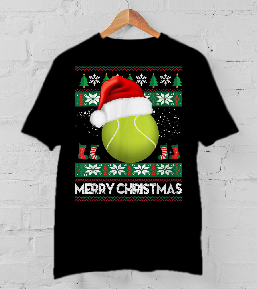 Merry Christmas Santa Hat Tennis Baum Pullover Snowflakes T-Shirt