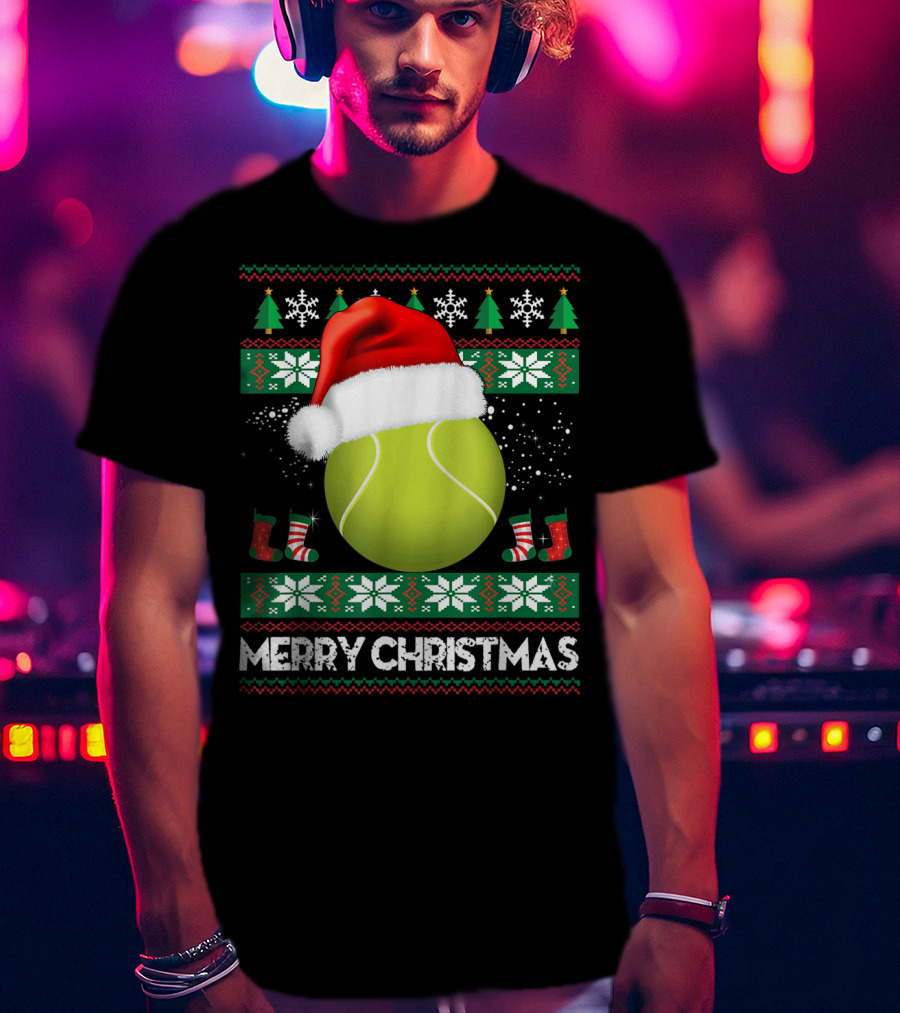 Merry Christmas Santa Hat Tennis Baum Pullover Snowflakes T-Shirt