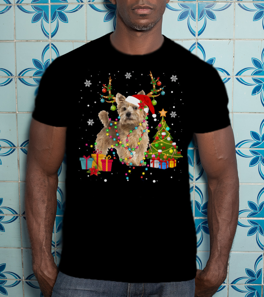 Norwich Terrier Christmas Lights Santa Hat Tree Presents Snowflakes T-Shirt