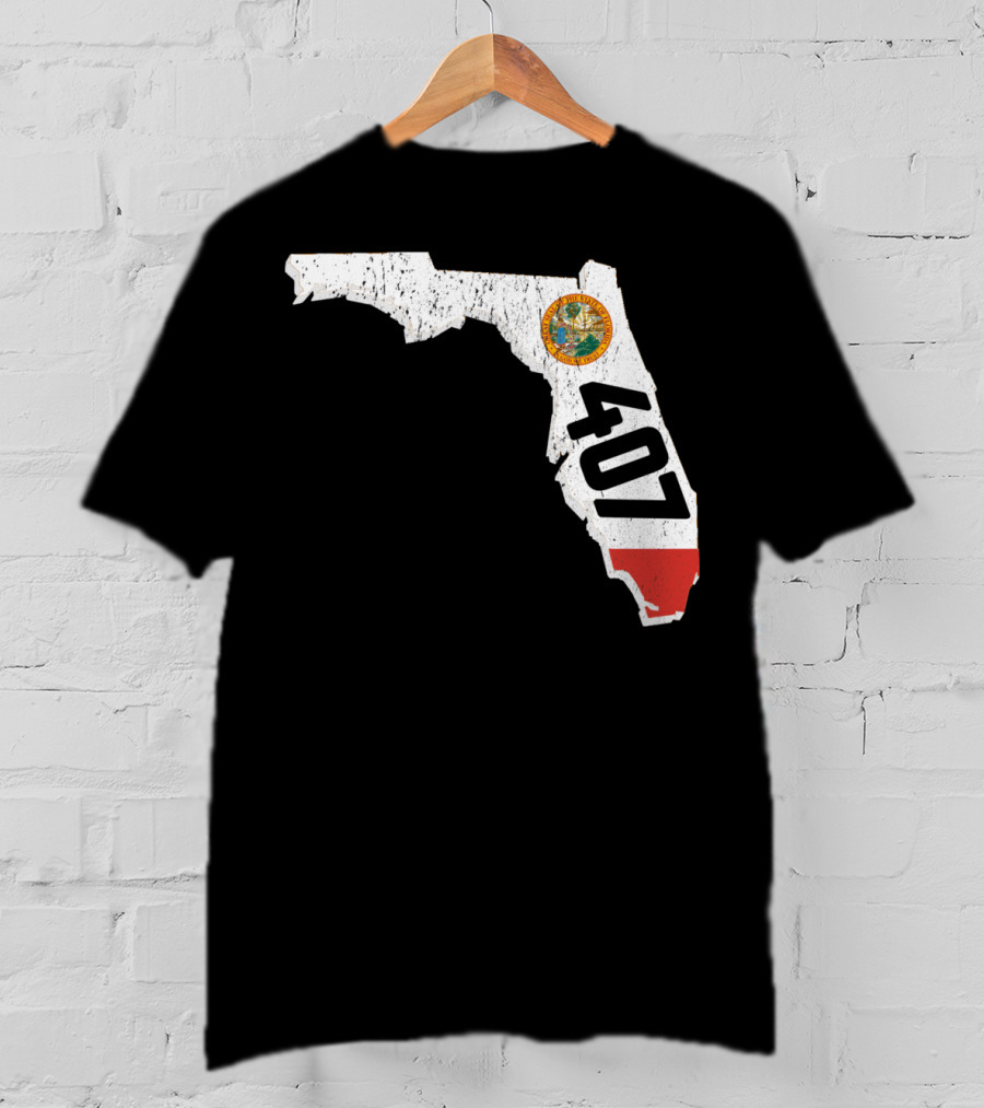 Florida Map Outline With State Seal And 407 Area Code T-Shirt