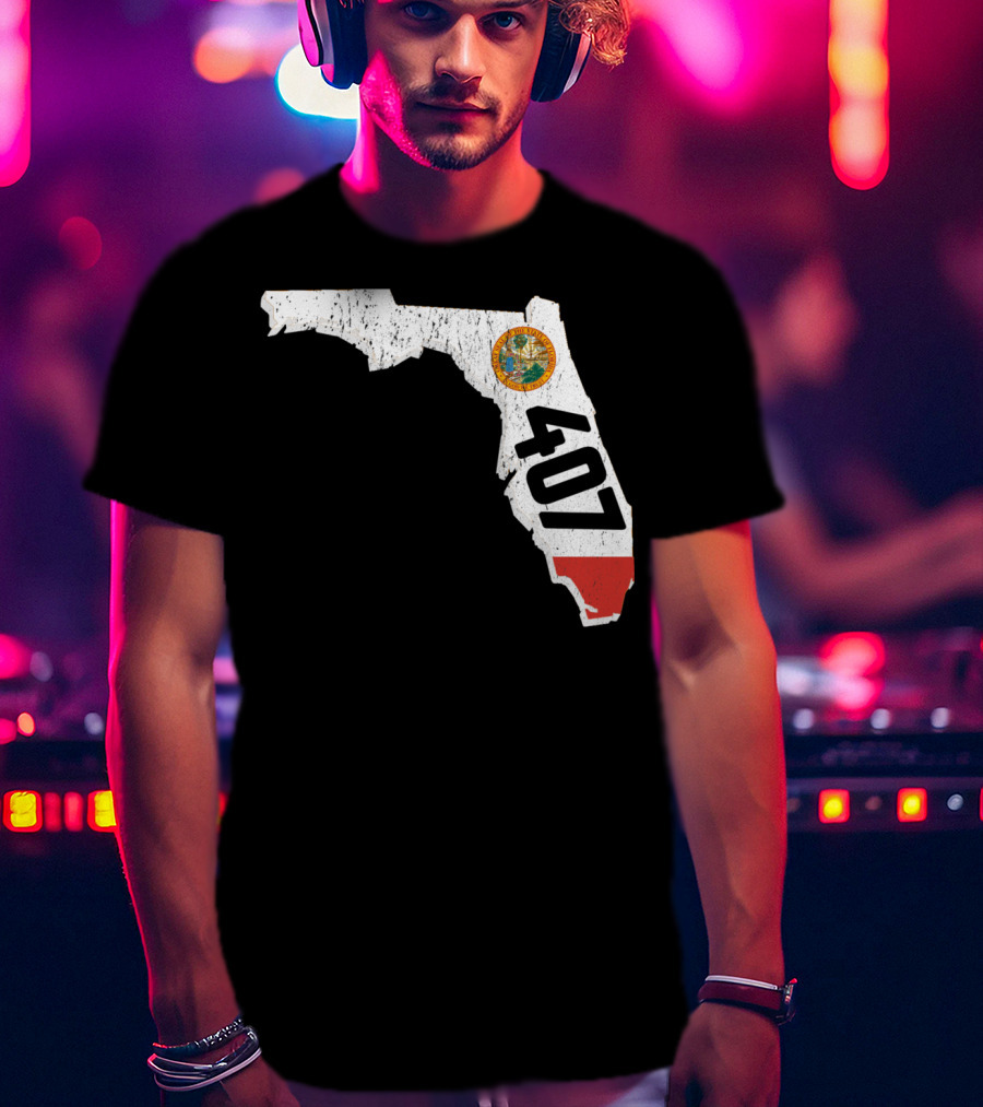Florida Map Outline With State Seal And 407 Area Code T-Shirt