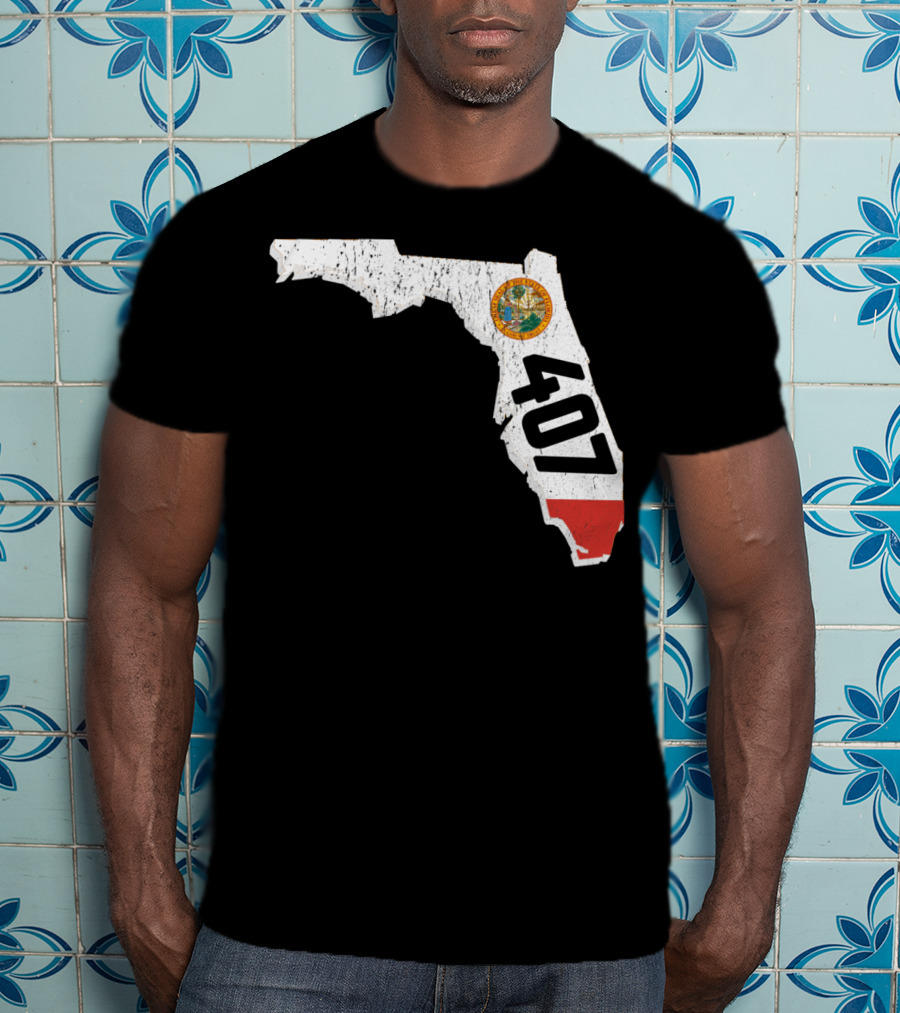 Florida Map Outline With State Seal And 407 Area Code T-Shirt