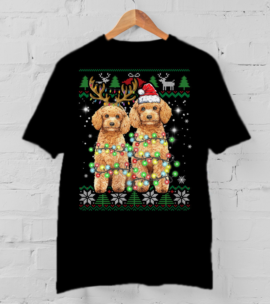 Poodle Dog Ugly Christmas Reindeer Hat Lights Puppy Funny Dog T-Shirt