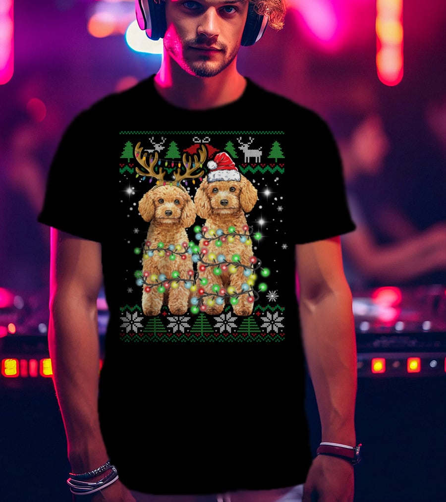 Poodle Dog Ugly Christmas Reindeer Hat Lights Puppy Funny Dog T-Shirt