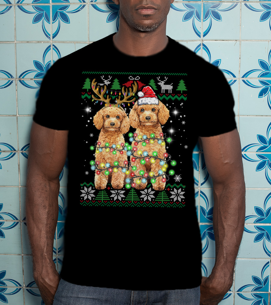Poodle Dog Ugly Christmas Reindeer Hat Lights Puppy Funny Dog T-Shirt