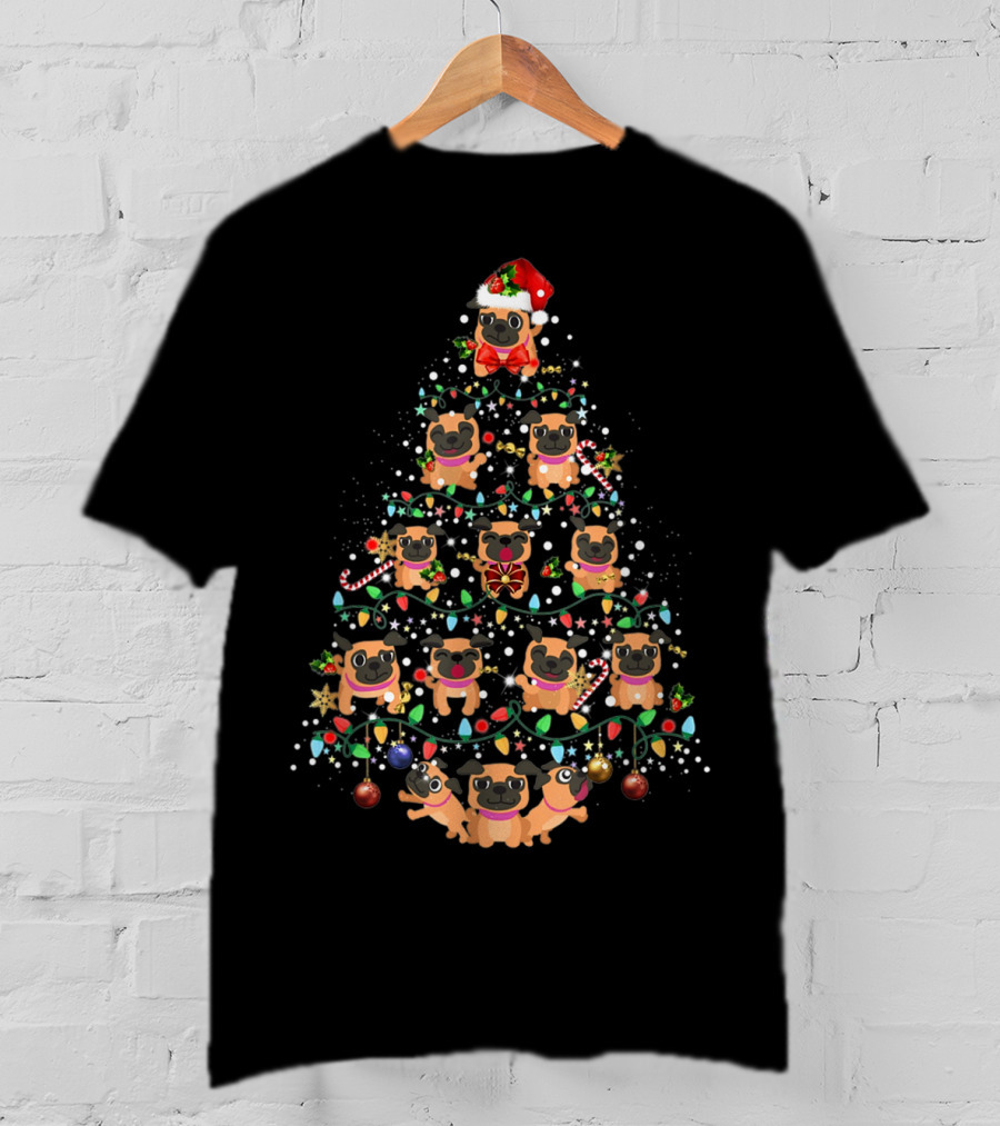 Pug Dog Christmas Tree With Santa Hat And Holiday Decorations T-Shirt