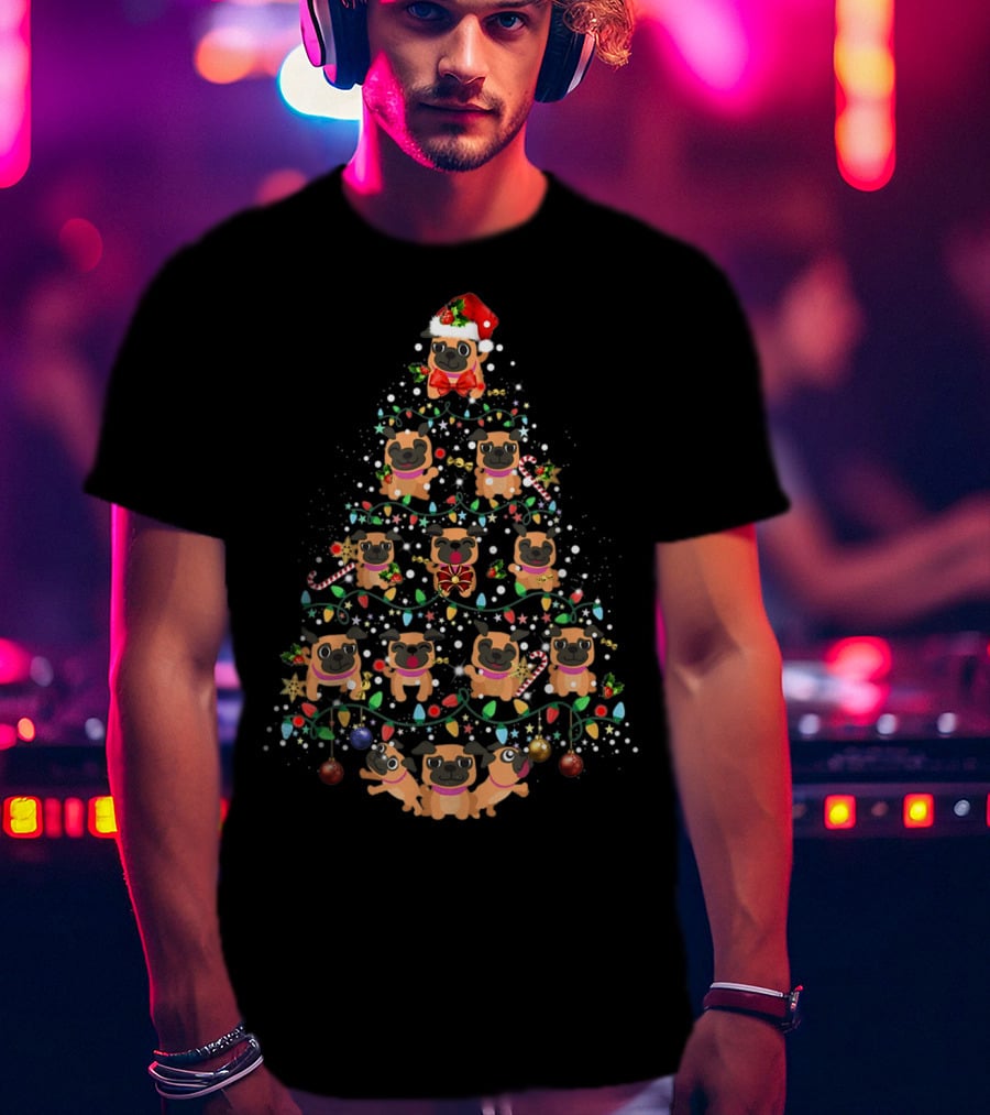Pug Dog Christmas Tree With Santa Hat And Holiday Decorations T-Shirt