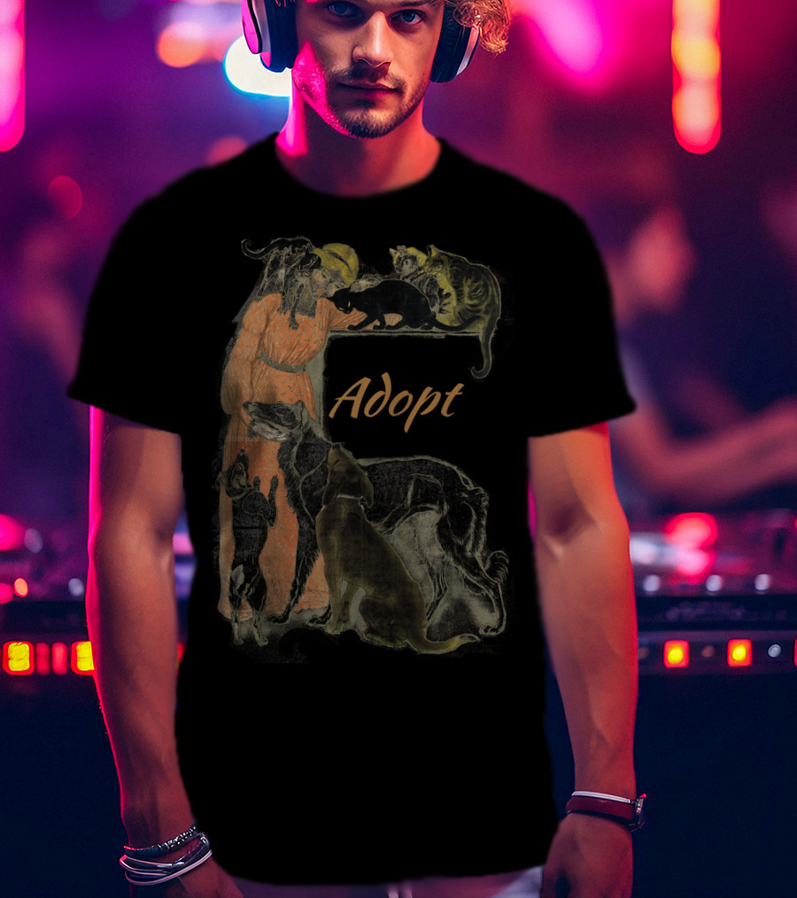 Rescue Adopt Love Dog And Cat Lover With Vintage Style Woman Surrounded By Pets T-Shirt