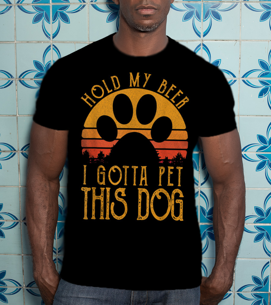 Hold My Beer I Gotta Pet This Dog Retro Vintage Paw Print Sunset T-Shirt