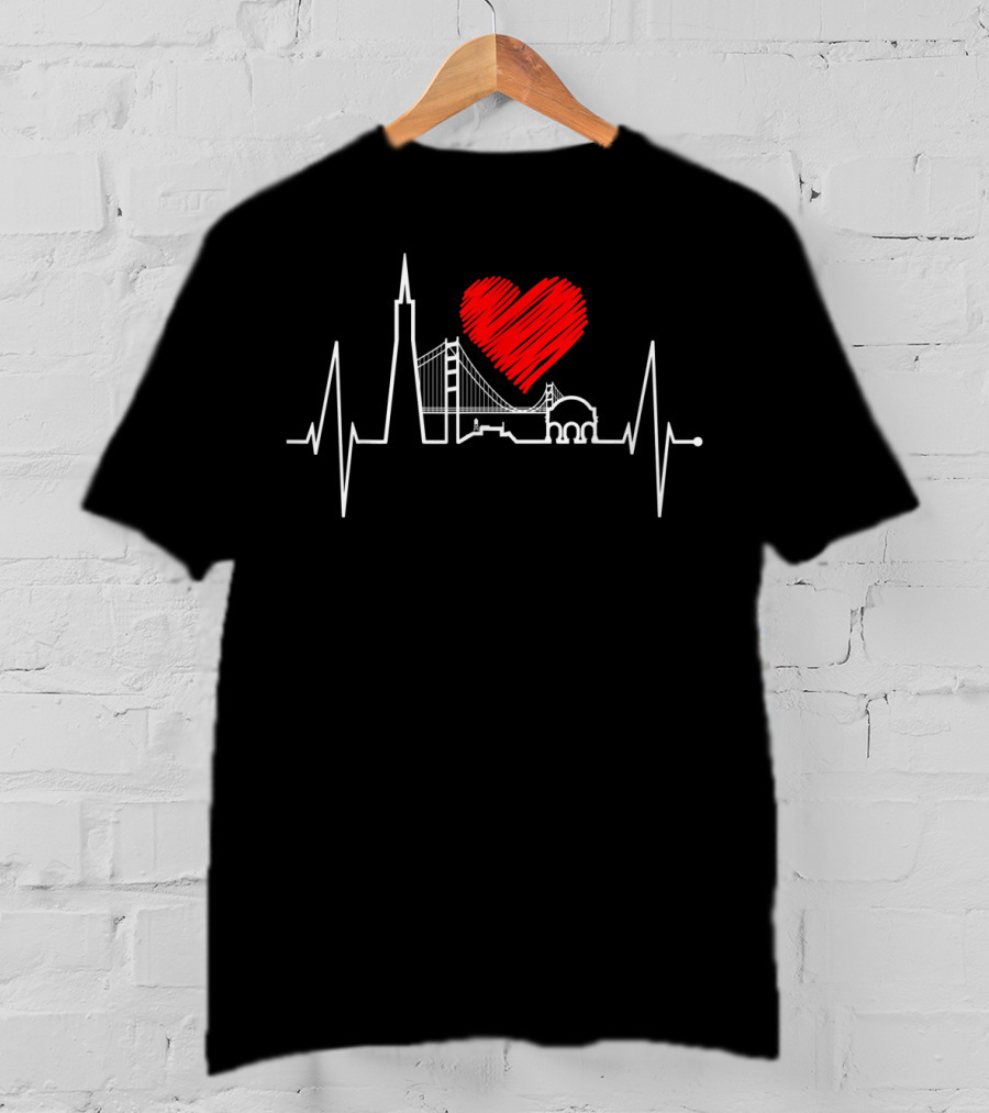 San Francisco Heartbeat Skyline California USA Iconic Landmarks With Heart And Pulse T-Shirt