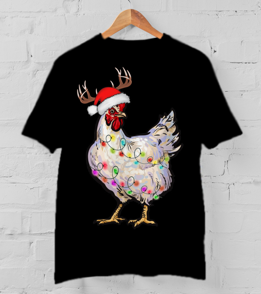 Santa Chicken Reindeer With Christmas Lights And Antlers T-Shirt