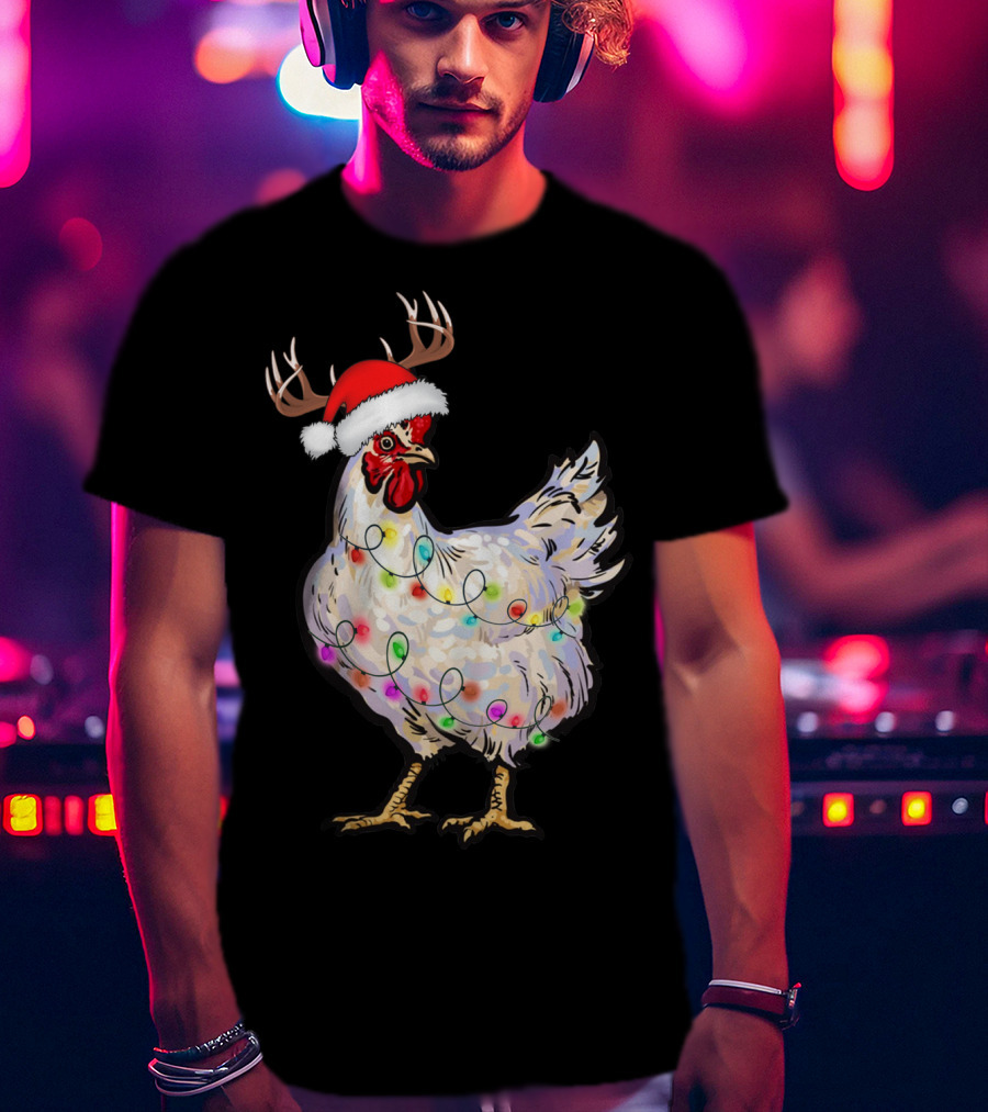 Santa Chicken Reindeer With Christmas Lights And Antlers T-Shirt
