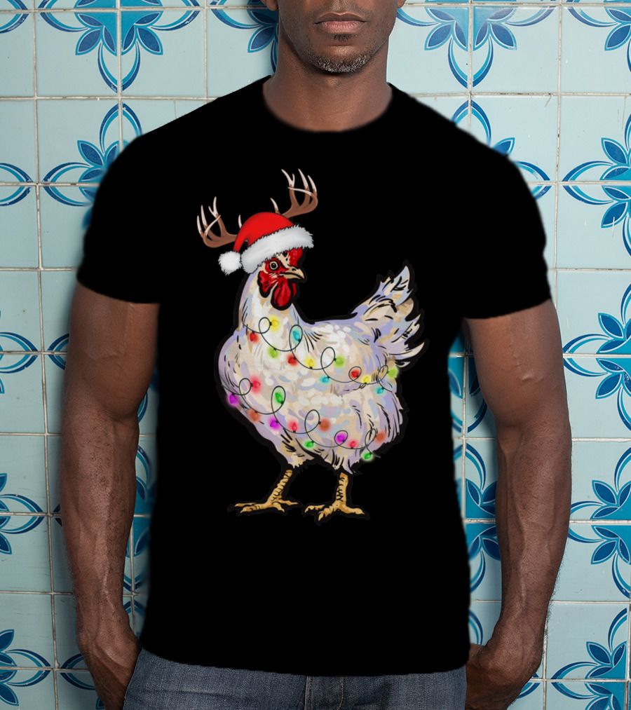 Santa Chicken Reindeer With Christmas Lights And Antlers T-Shirt