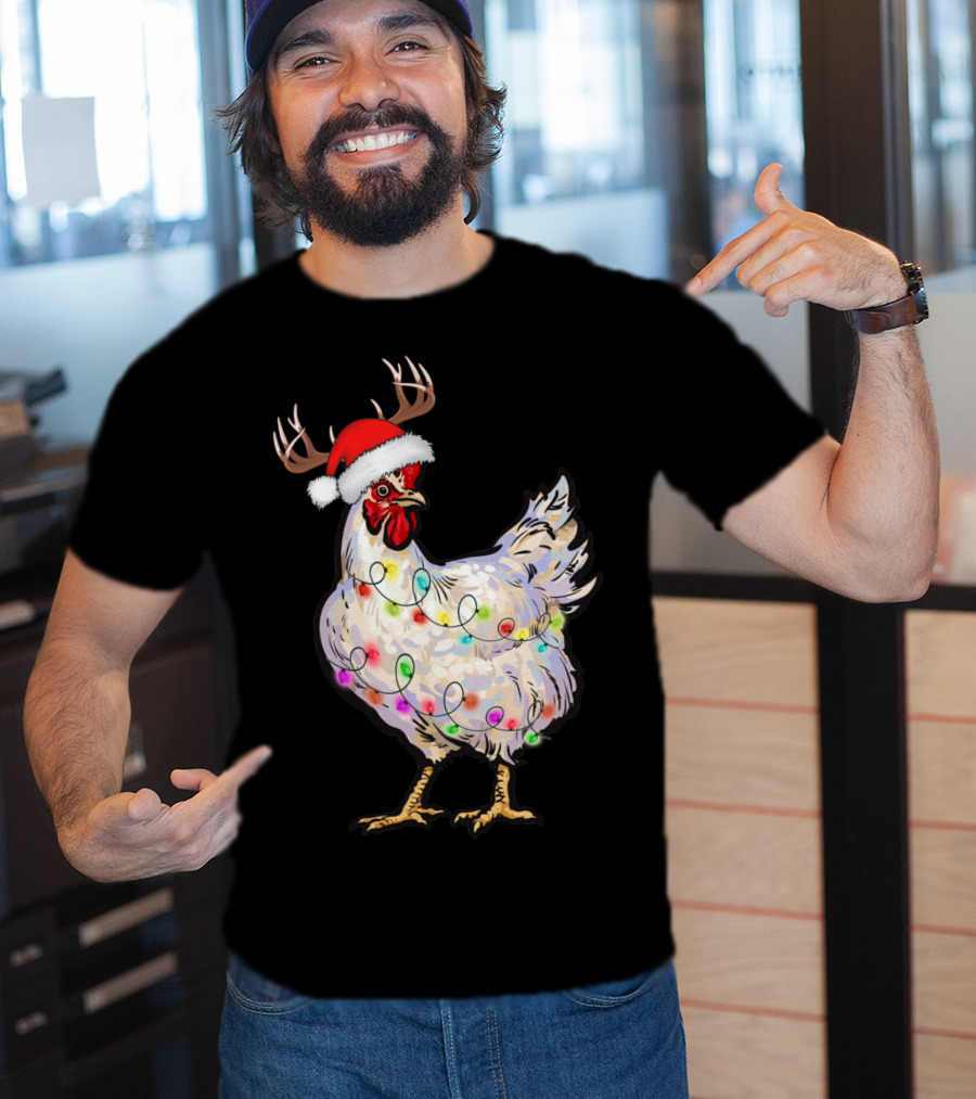 Santa Chicken Reindeer With Christmas Lights And Antlers T-Shirt