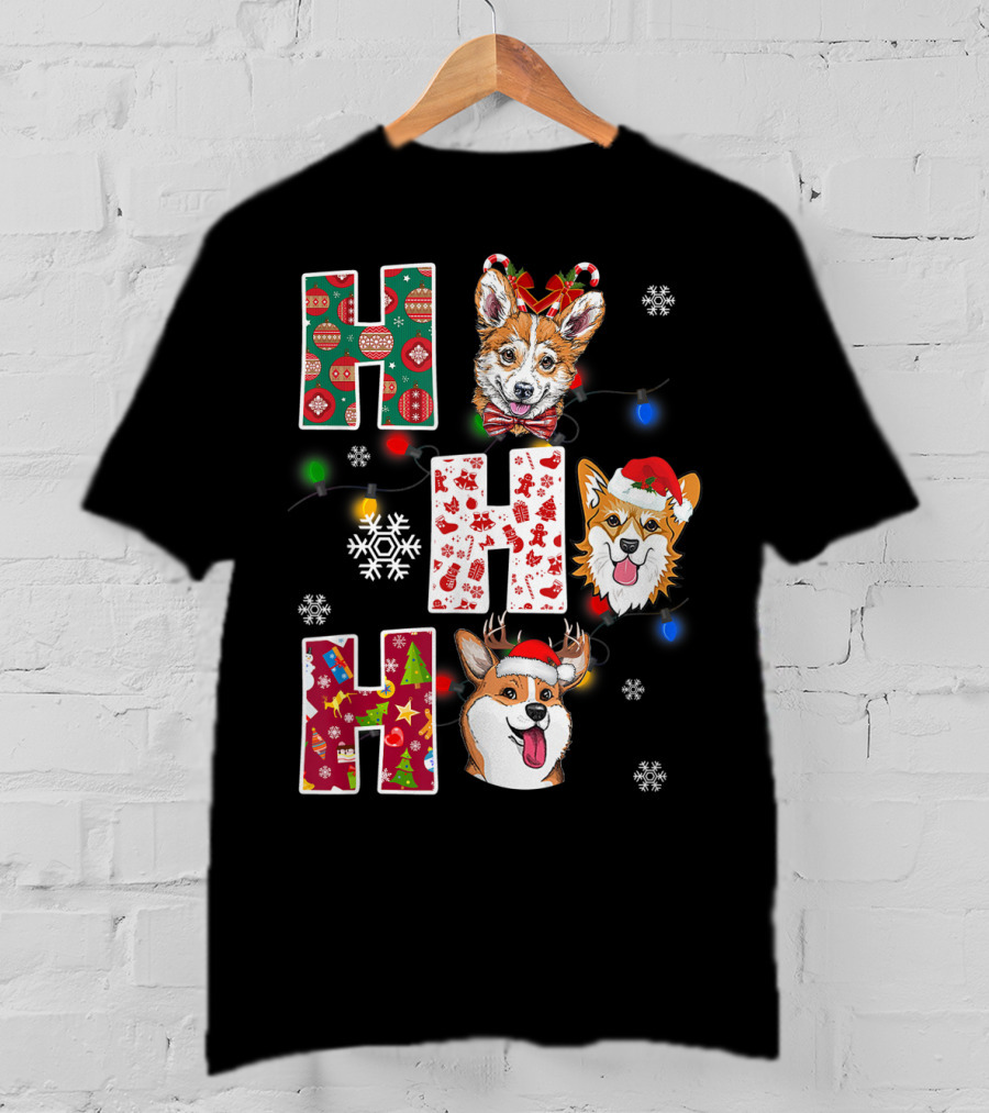 Ho Ho Ho Santa Corgi Christmas Lights Snowflakes T-Shirt