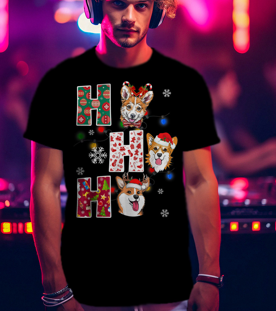 Ho Ho Ho Santa Corgi Christmas Lights Snowflakes T-Shirt