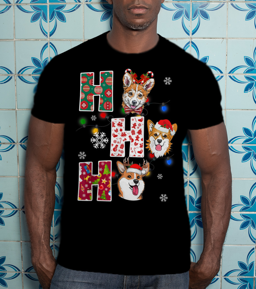 Ho Ho Ho Santa Corgi Christmas Lights Snowflakes T-Shirt