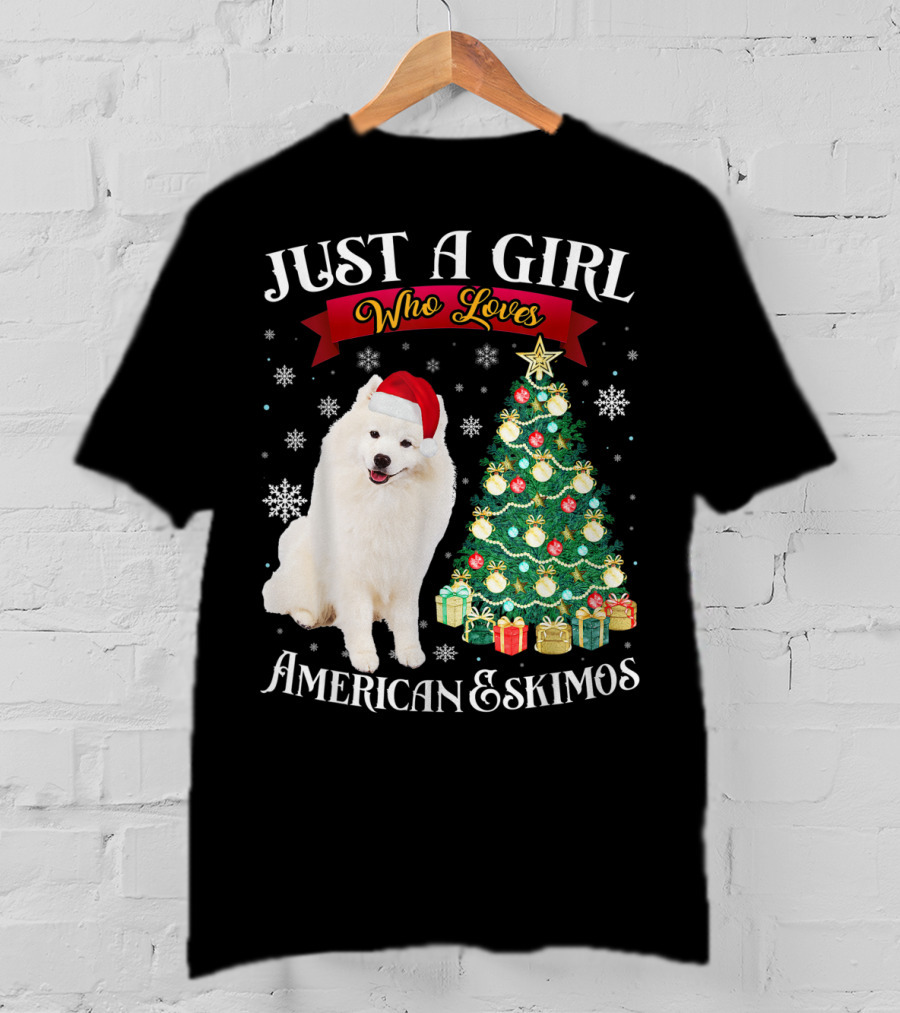 Just A Girl Who Loves American Eskimos Santa Hat Christmas Tree T-Shirt