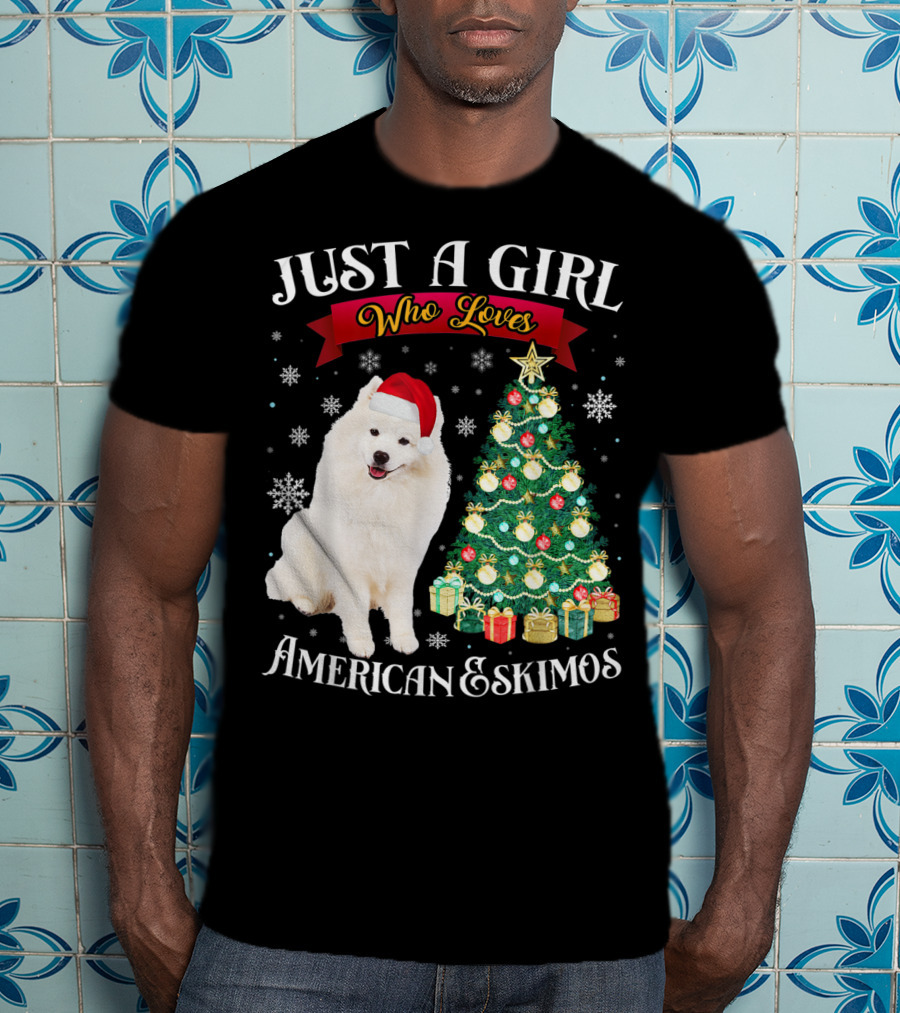 Just A Girl Who Loves American Eskimos Santa Hat Christmas Tree T-Shirt