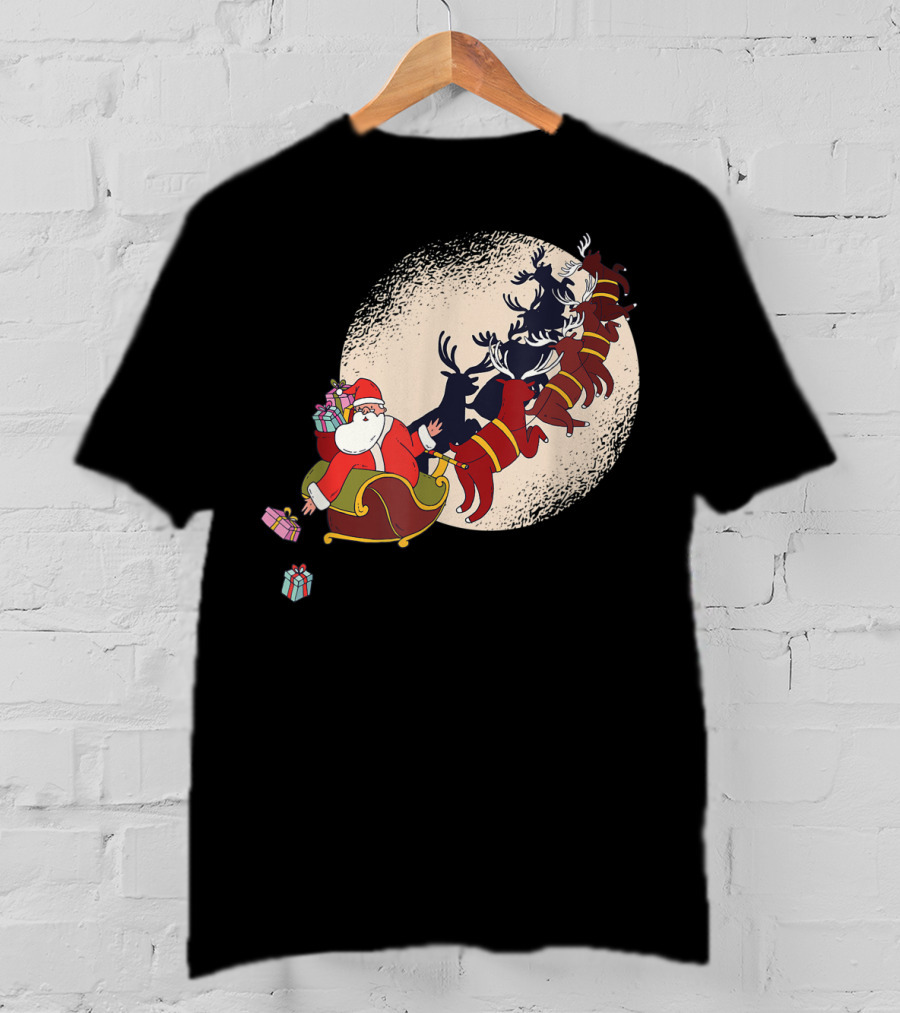 Santa Claus Flying With Reindeers Silhouette Under Full Moon Carrying Gift Sack T-Shirt