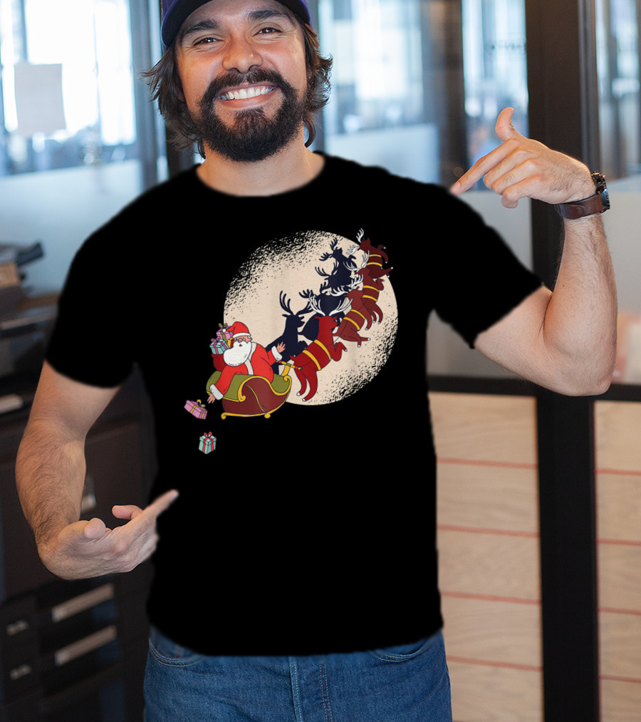 Santa Claus Flying With Reindeers Silhouette Under Full Moon Carrying Gift Sack T-Shirt