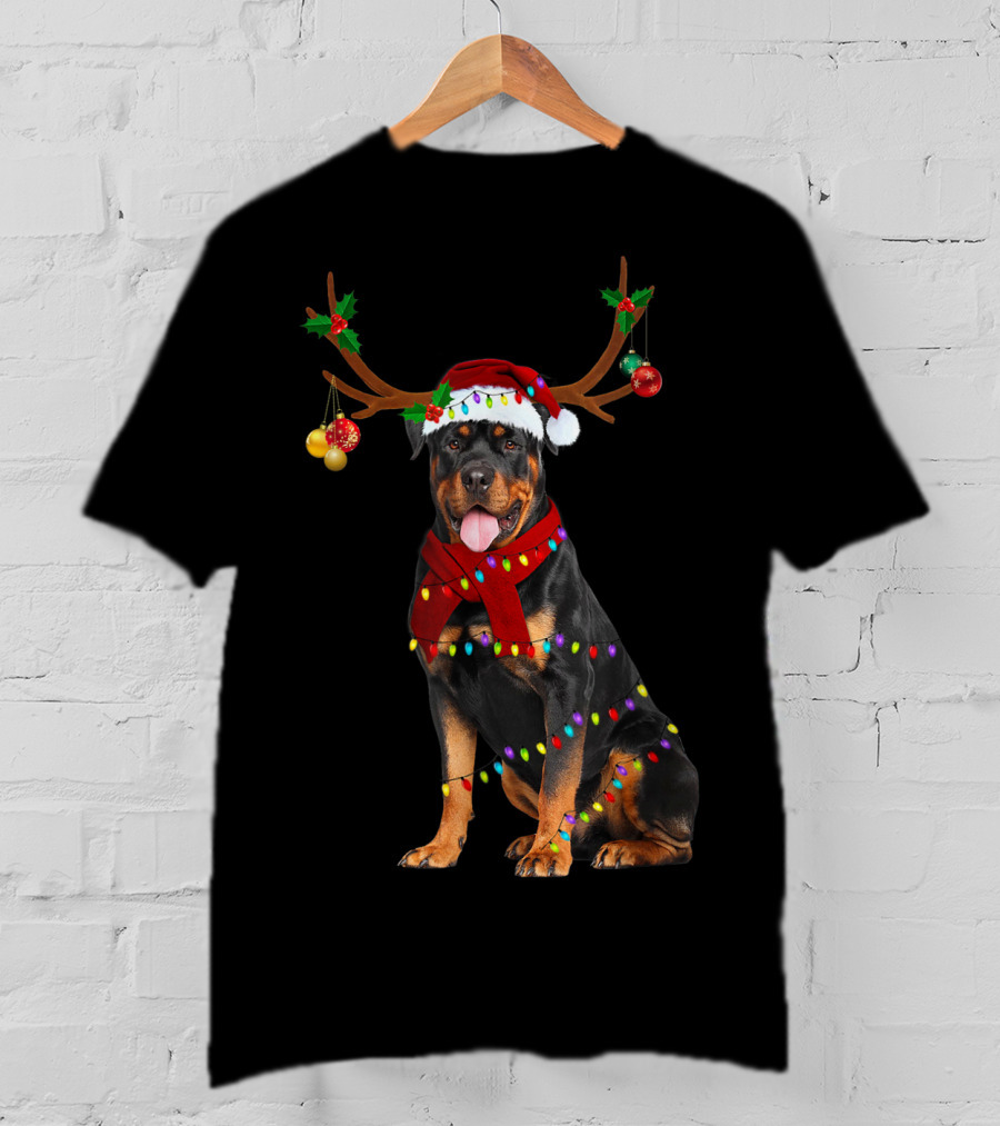 Santa Rottweiler Christmas Reindeer Lights T-Shirt