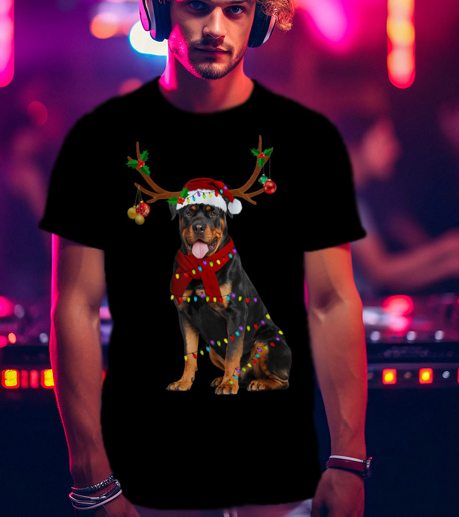 Santa Rottweiler Christmas Reindeer Lights T-Shirt