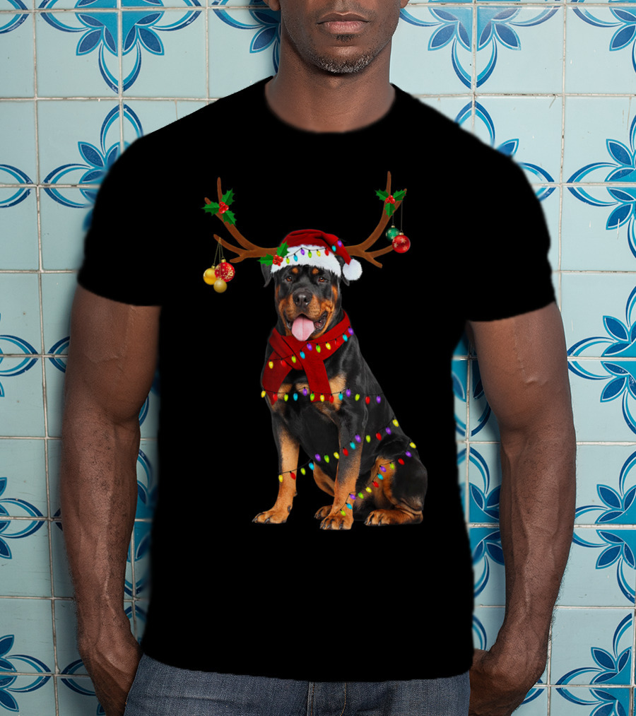 Santa Rottweiler Christmas Reindeer Lights T-Shirt