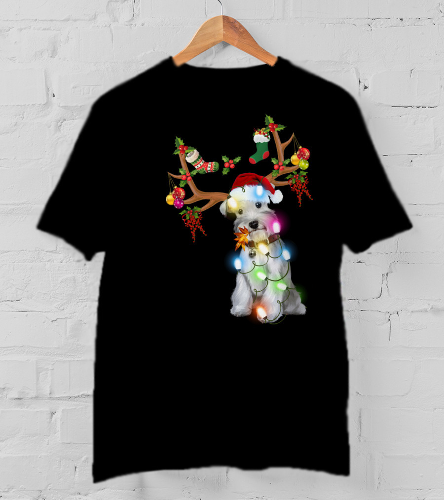 Santa Schnauzer Christmas Lights Reindeer Antlers Holiday Lover T-Shirt