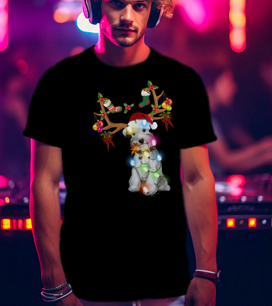Santa Schnauzer Christmas Lights Reindeer Antlers Holiday Lover T-Shirt