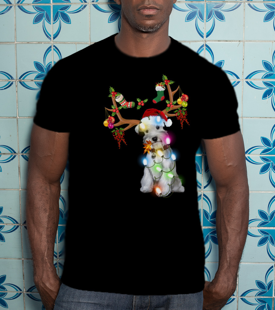 Santa Schnauzer Christmas Lights Reindeer Antlers Holiday Lover T-Shirt