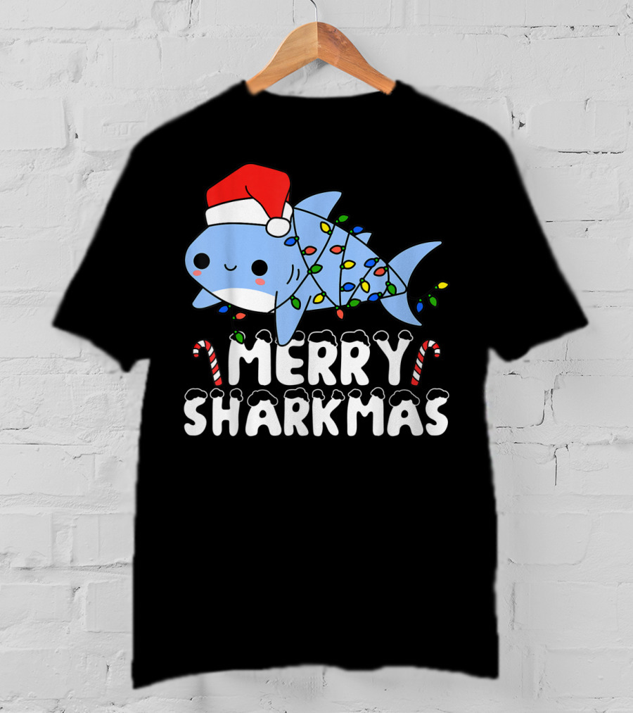 Merry Sharkmas Santa Shark Christmas Lights Boys T-Shirt