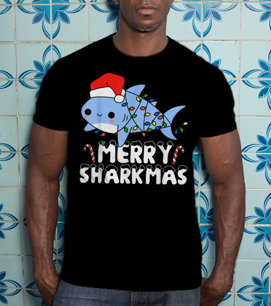 Merry Sharkmas Santa Shark Christmas Lights Boys T-Shirt