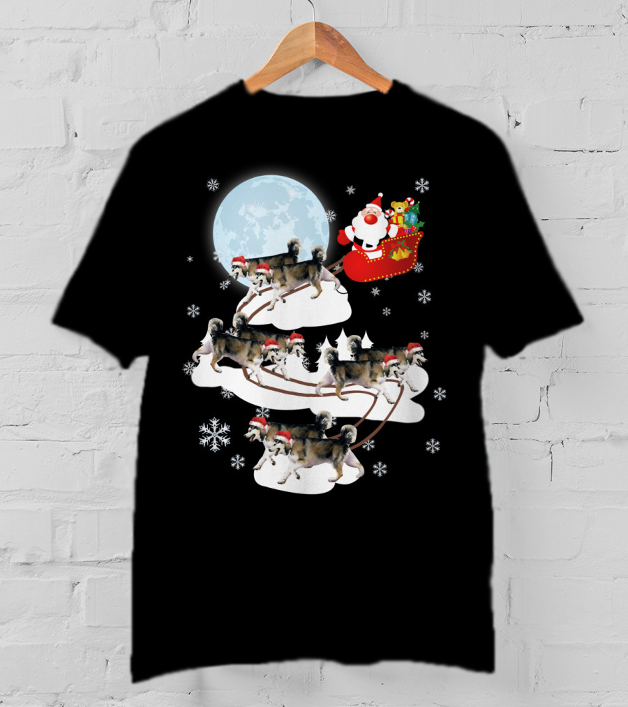 Santa Sleigh Alaskan Malamute Christmas Dog Moon Snowflakes T-Shirt