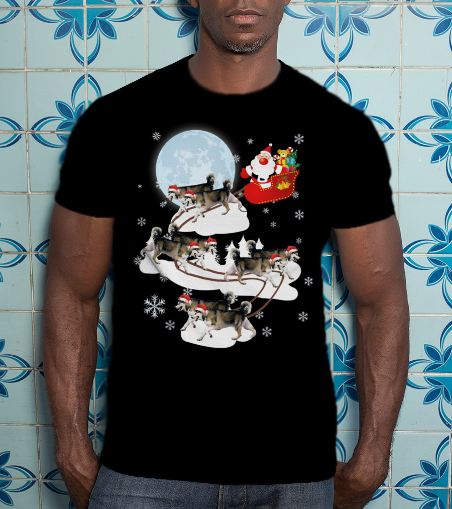 Santa Sleigh Alaskan Malamute Christmas Dog Moon Snowflakes T-Shirt