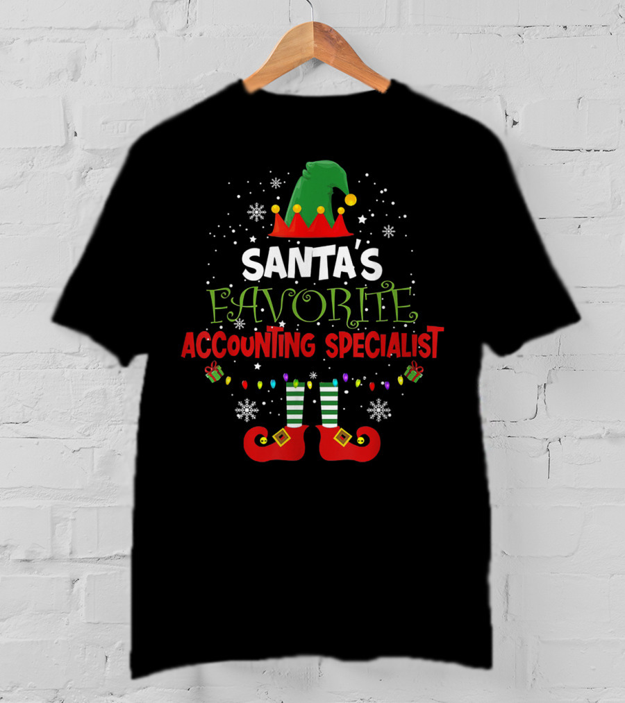 Santa's Favorite Accounting Specialist Elf Theme With Christmas Snowflakes And Gifts T-Shirt