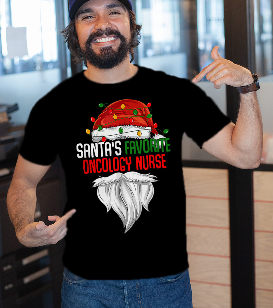 Santa's Favorite Oncology Nurse Christmas Lights And Beard T-Shirt
