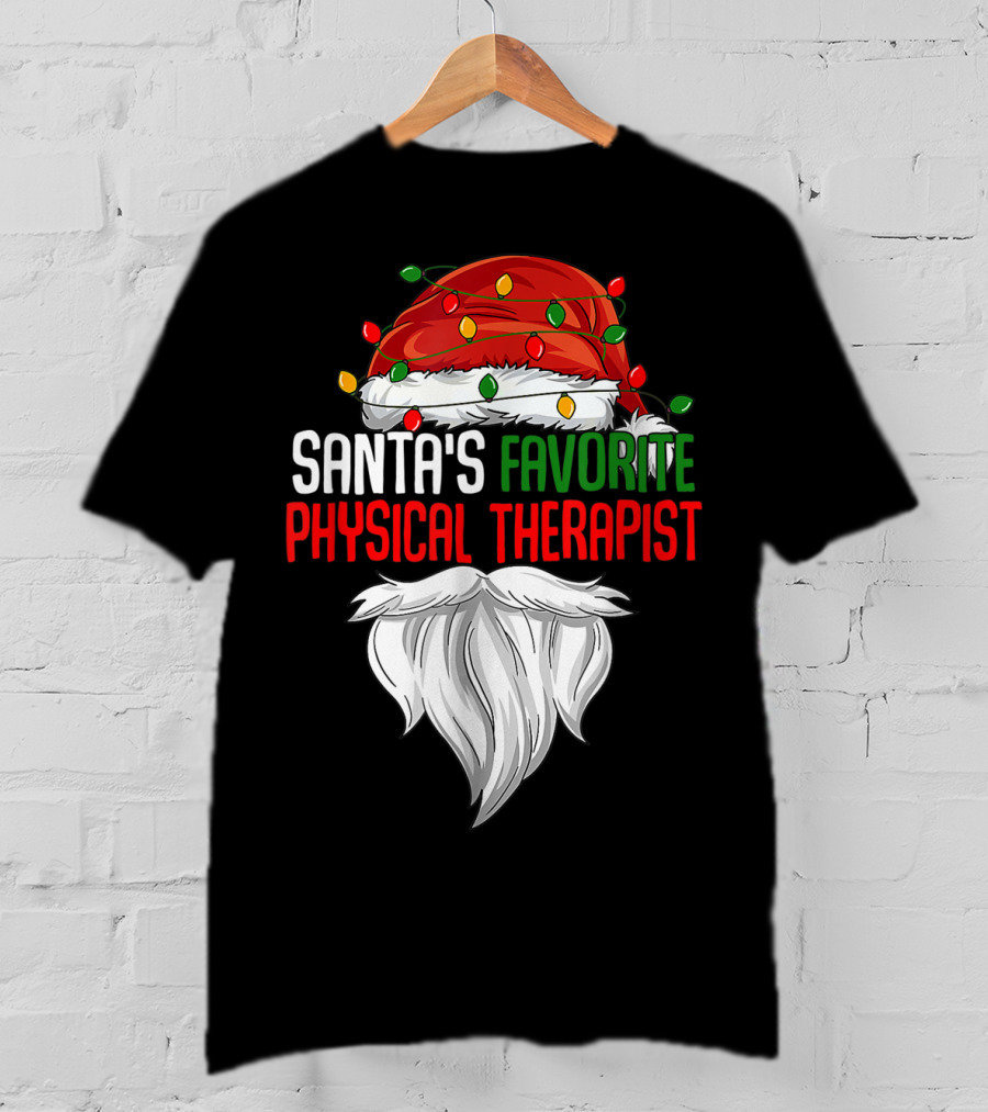 Santa's Favorite Physical Therapist Christmas Lights Hat And Beard T-Shirt