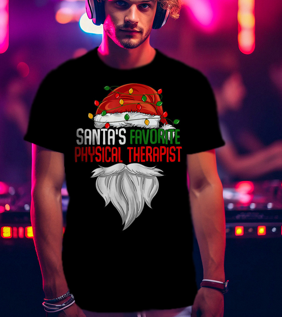 Santa's Favorite Physical Therapist Christmas Lights Hat And Beard T-Shirt