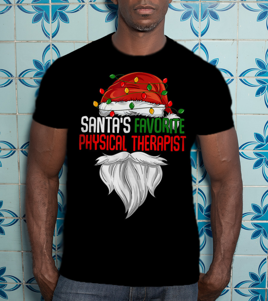 Santa's Favorite Physical Therapist Christmas Lights Hat And Beard T-Shirt