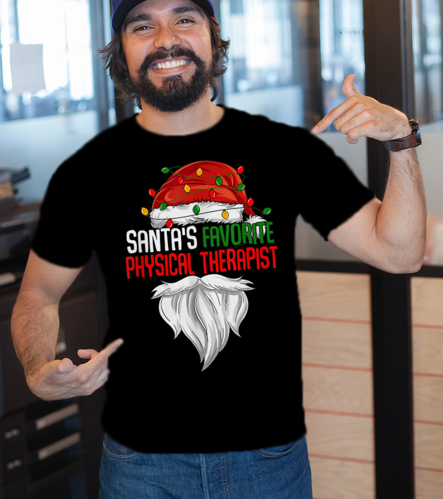 Santa's Favorite Physical Therapist Christmas Lights Hat And Beard T-Shirt