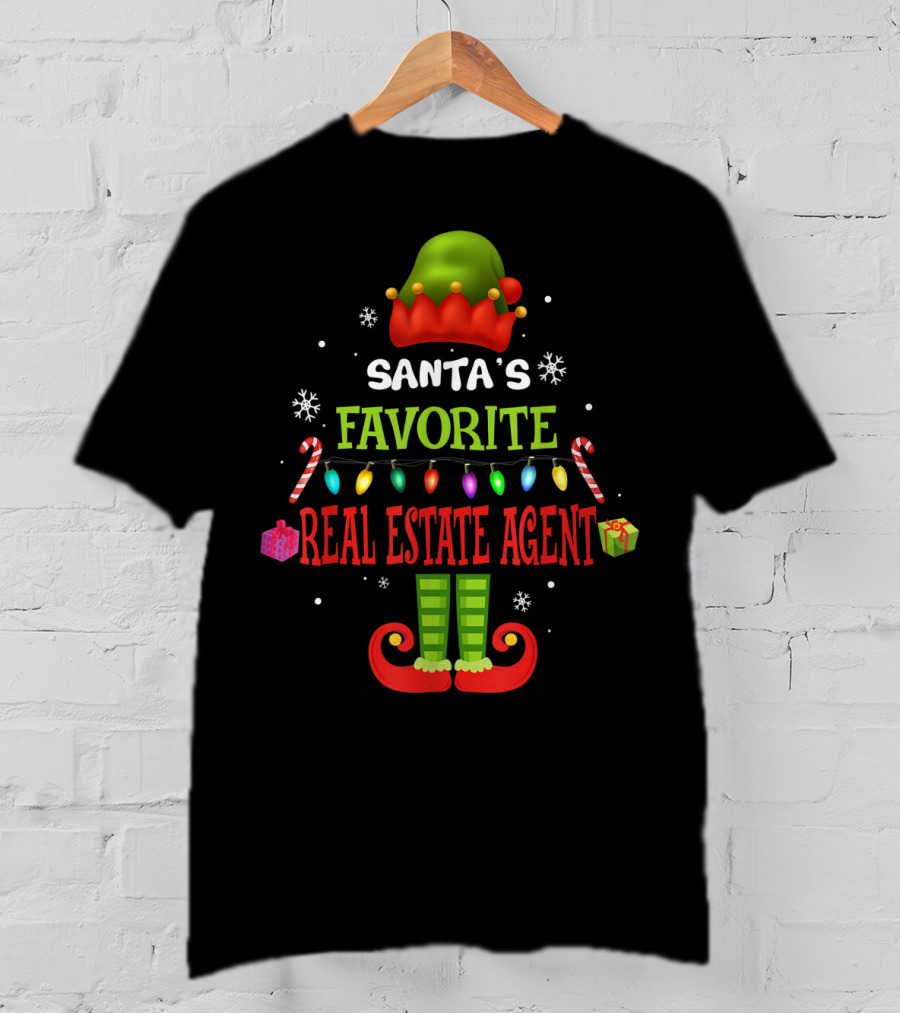 Santa's Favorite Real Estate Agent Christmas Elf Lights Candy Canes Gifts Snowflakes T-Shirt