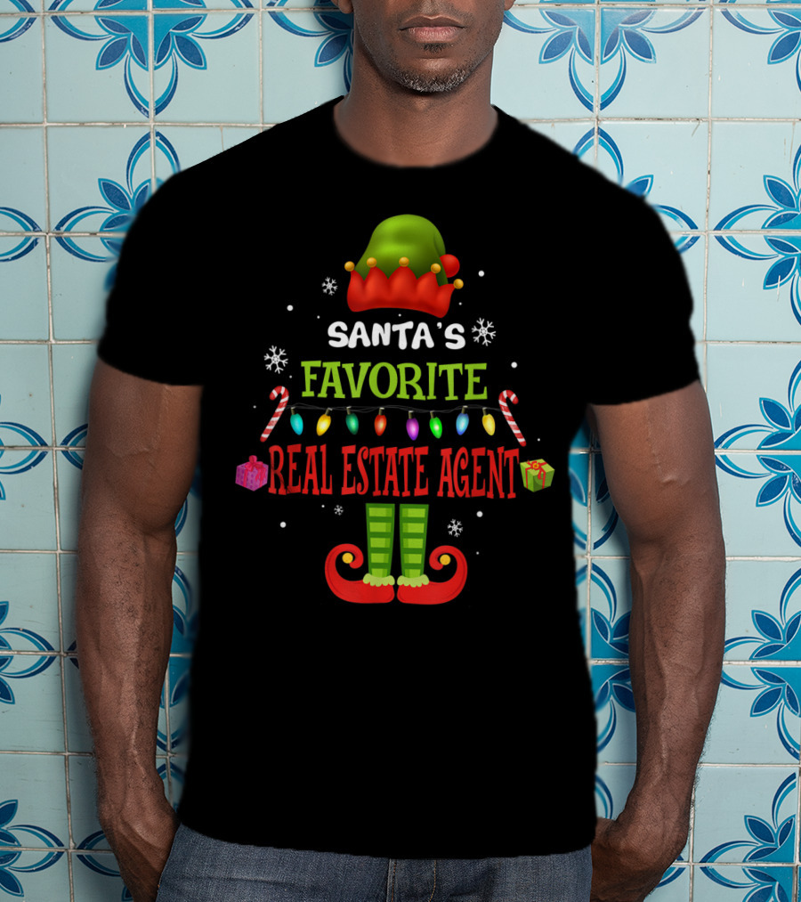 Santa's Favorite Real Estate Agent Christmas Elf Lights Candy Canes Gifts Snowflakes T-Shirt
