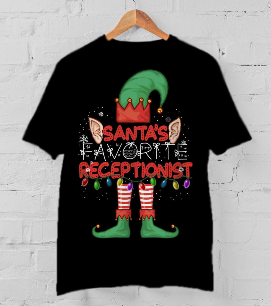 Santa's Favorite Receptionist Elf Hat Christmas Lights T-Shirt