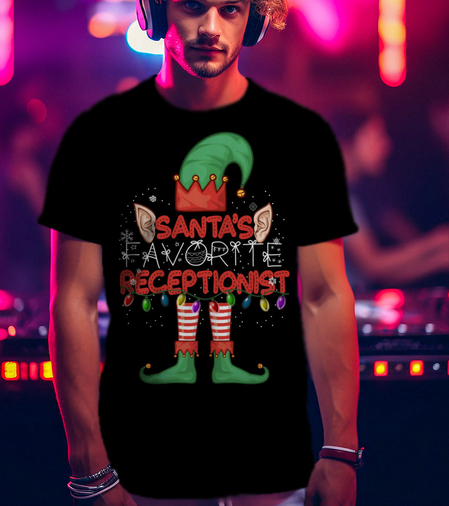 Santa's Favorite Receptionist Elf Hat Christmas Lights T-Shirt