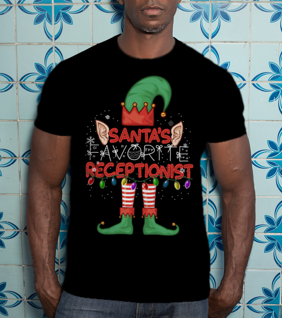 Santa's Favorite Receptionist Elf Hat Christmas Lights T-Shirt