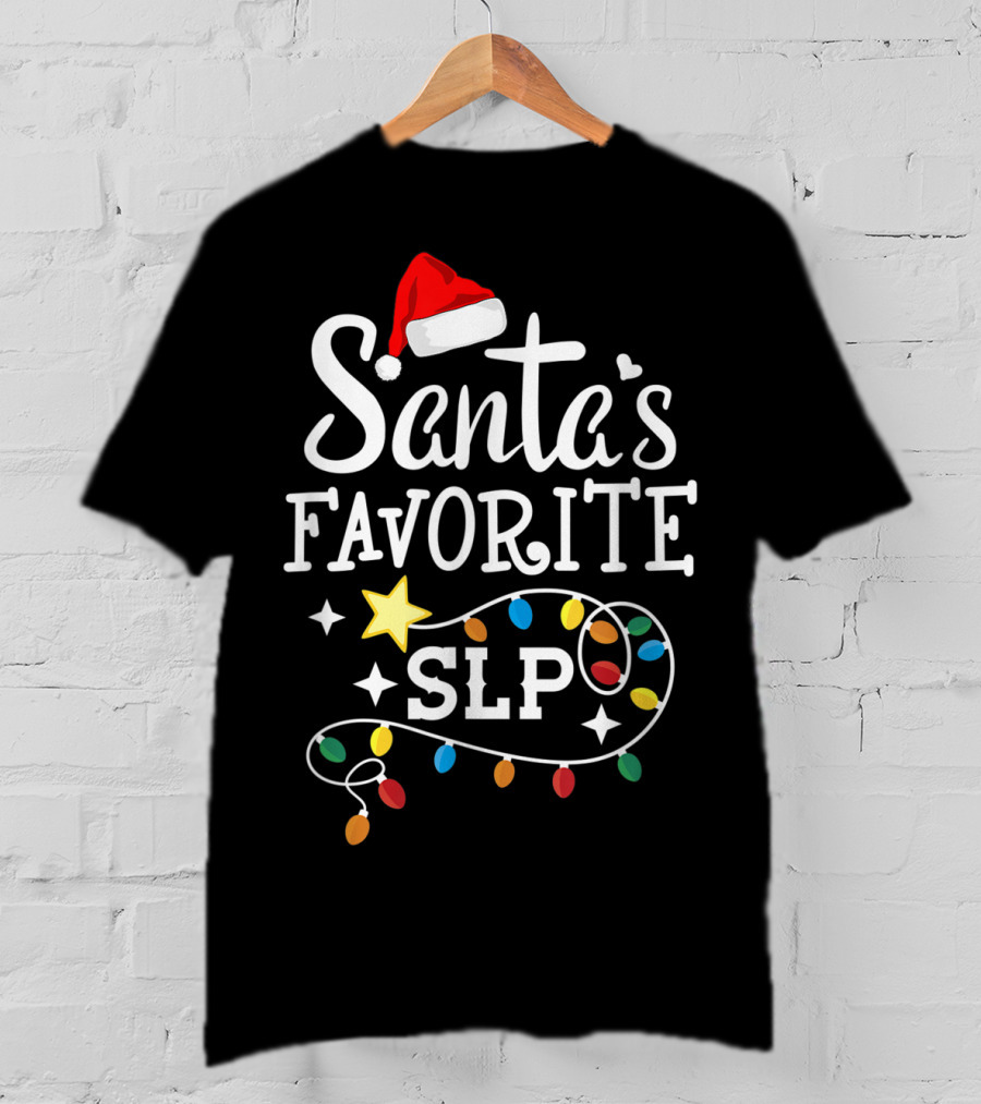 Santa's Favorite SLP Speechlanguage Christmas Lights And Santa Hat T-Shirt