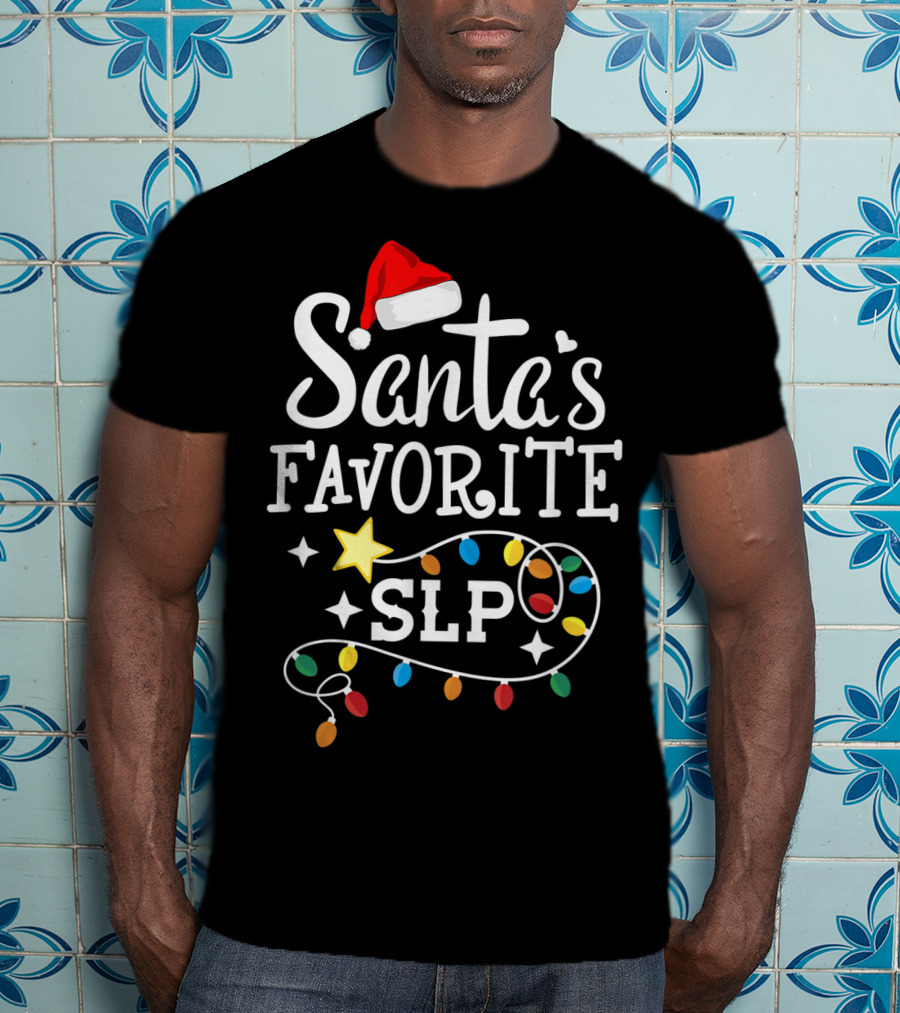 Santa's Favorite SLP Speechlanguage Christmas Lights And Santa Hat T-Shirt